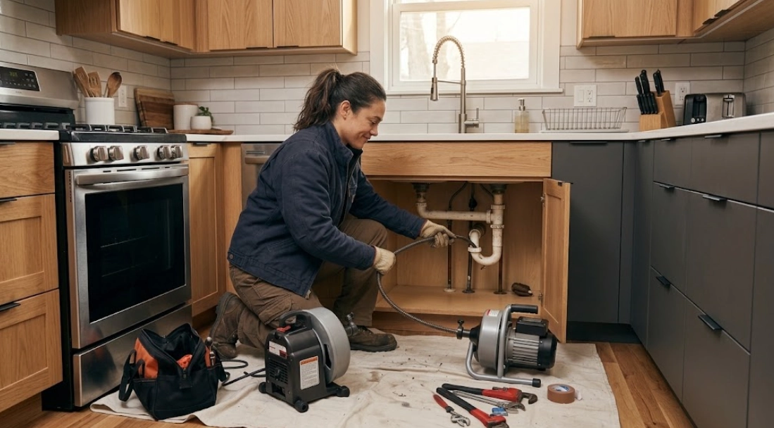 Plumber using electric drum machine for drain cleaning Arverne Queens