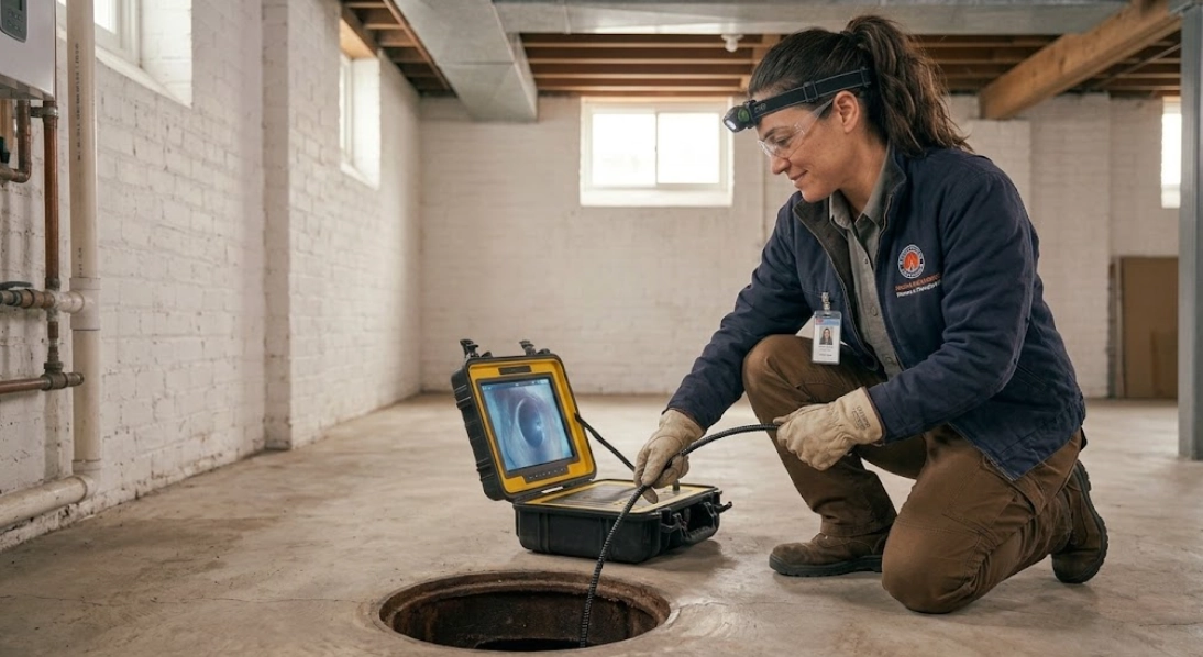 Technician monitoring video screen during sewer line repair Arverne Queens camera inspection