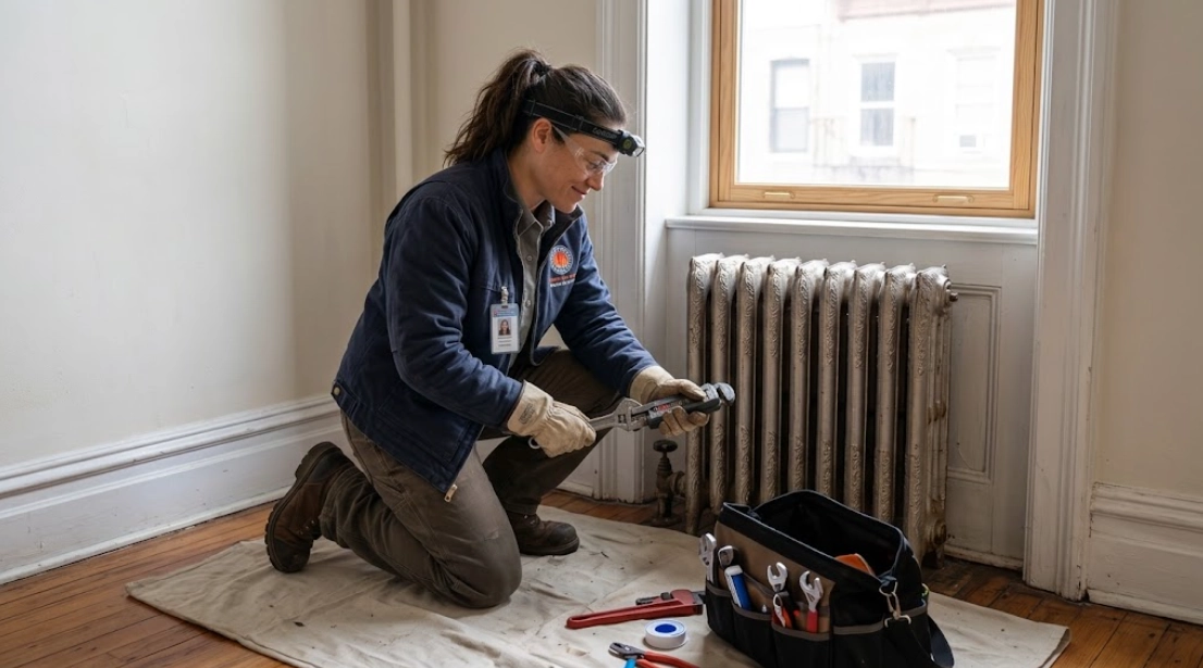Plumber performing radiator repair Arverne Queens on steam supply valve