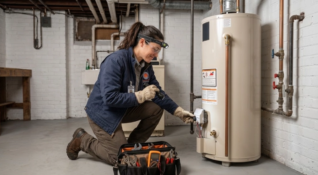 Plumber testing gas control valve for water heater repair Arverne Queens